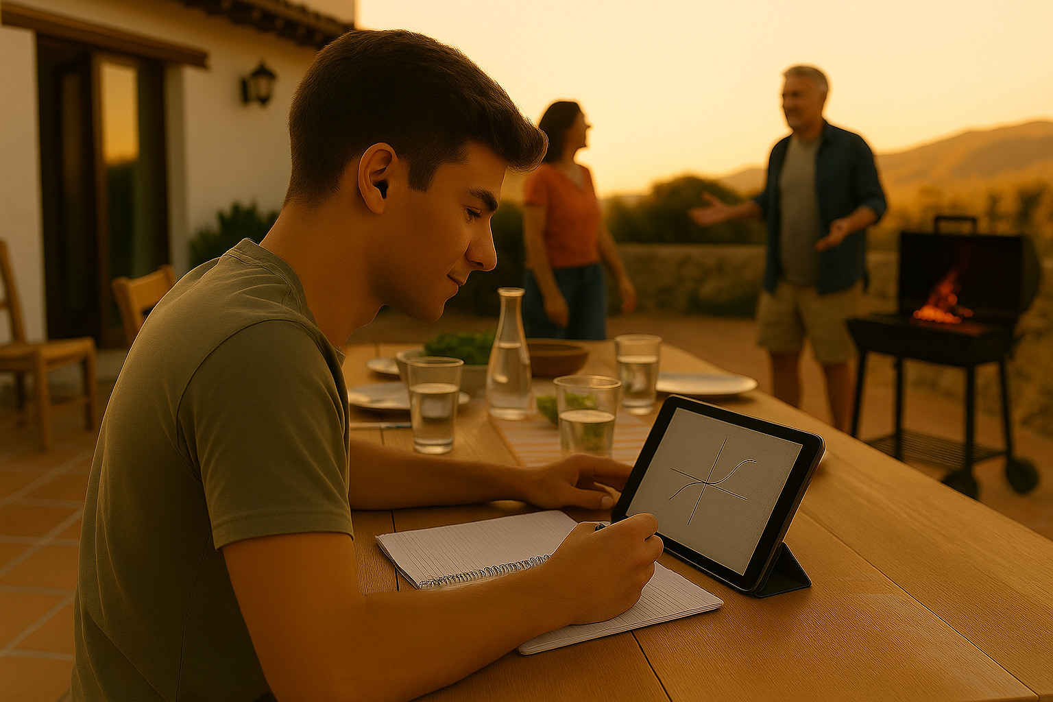 Jugendlicher lernt Mathe auf der Terrasse eines Ferienhauses bei Sonnenuntergang