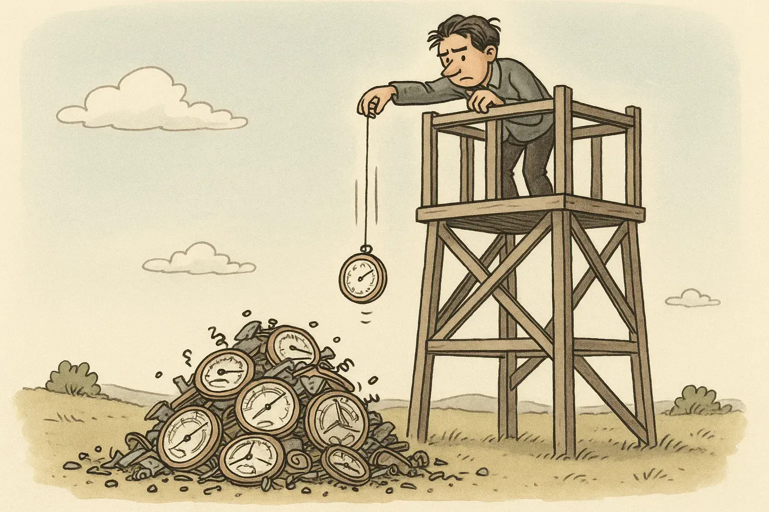 Niels Bohr wirft mehrere Barometer vom Turm – absurd überzeichneter Comicstil