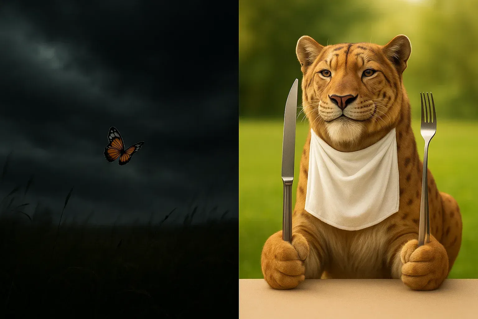 Zweiteiliges Bild mit einem dunklen Schmetterling links und einem freundlich schauenden Tiger mit Besteck rechts – visuelle Metapher für Reizfilterung im Gehirn.