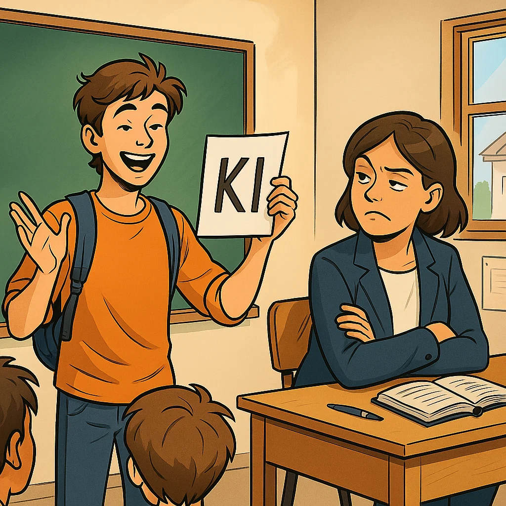 Schüler präsentiert fröhlich KI-Hausaufgaben, Lehrerin wirkt genervt – Comicstil zeigt den Konflikt zwischen Technik und Lernen.