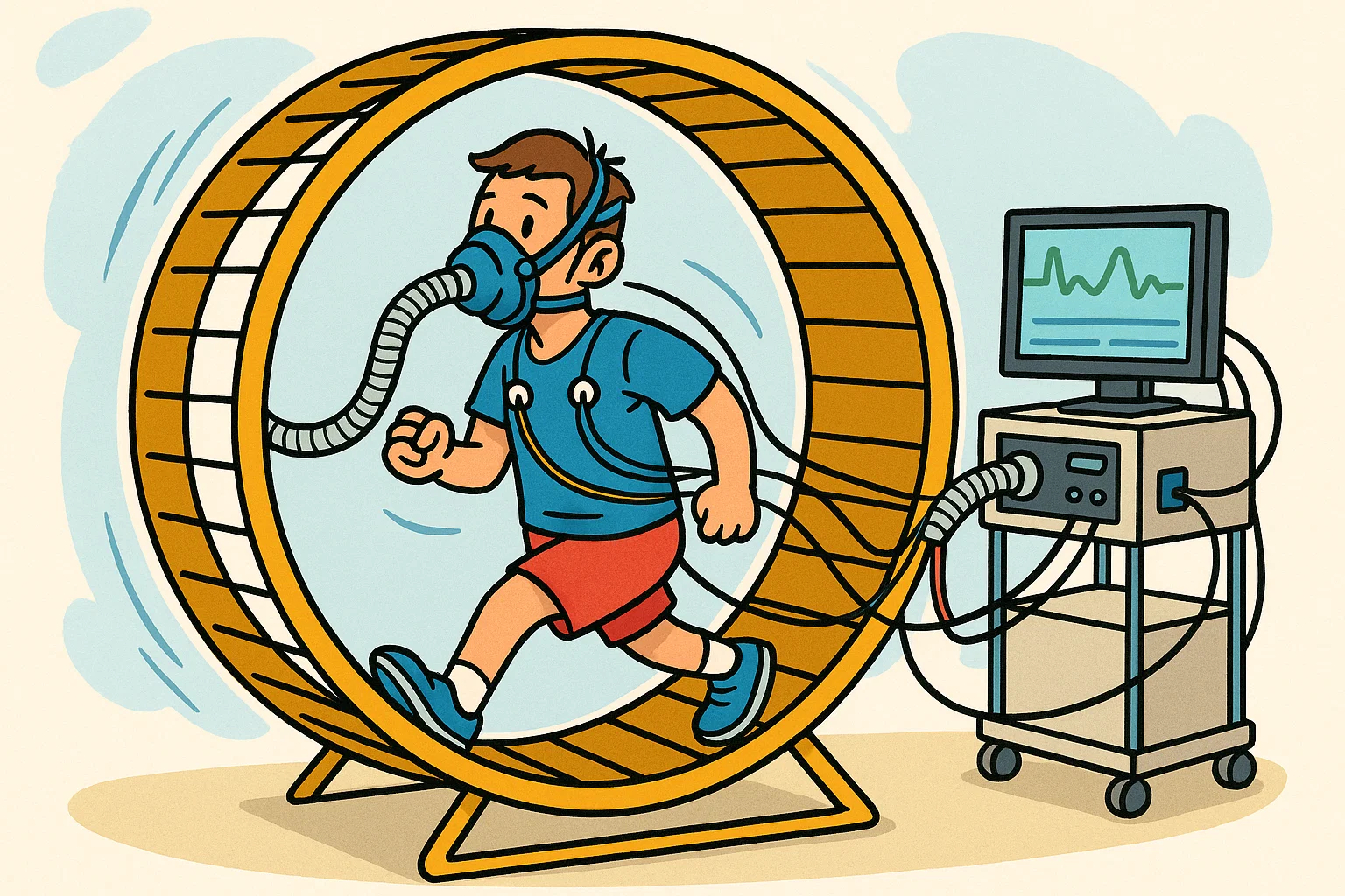 Illustration eines Mannes im Hamsterrad mit Atemmaske und Messgeräten zur Spiroergometrie