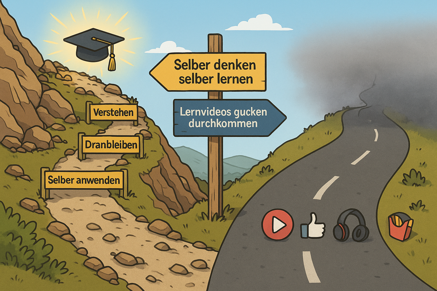 Zwei symbolische Wege in einer Lernlandschaft: ein steiniger, bergauf führender Pfad mit Lernhürden und Lernerfolg als Ziel; ein bequemer, asphaltierter Weg mit Konsum-Elementen, der in grauem Nebel endet.