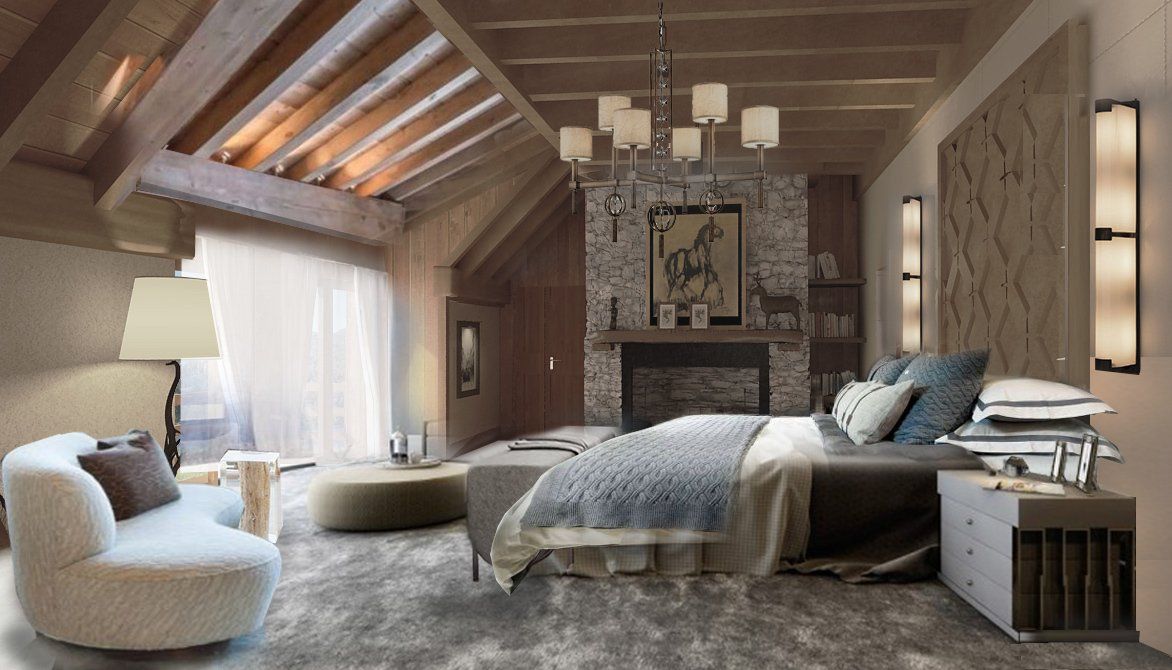 Experience the luxury ski chalet interiors with Romano Interior Architecture. A cozy alpine bedroom