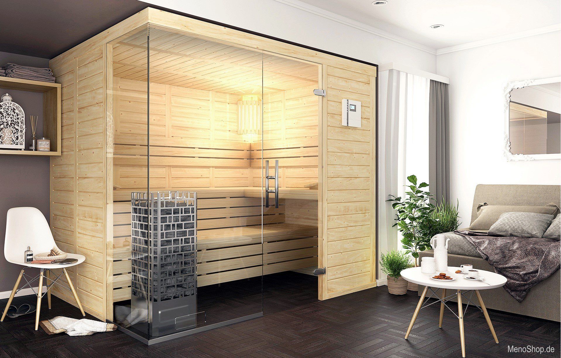 Glas über Eck Massivholzsauna Glas über Eck Massivholzsauna
