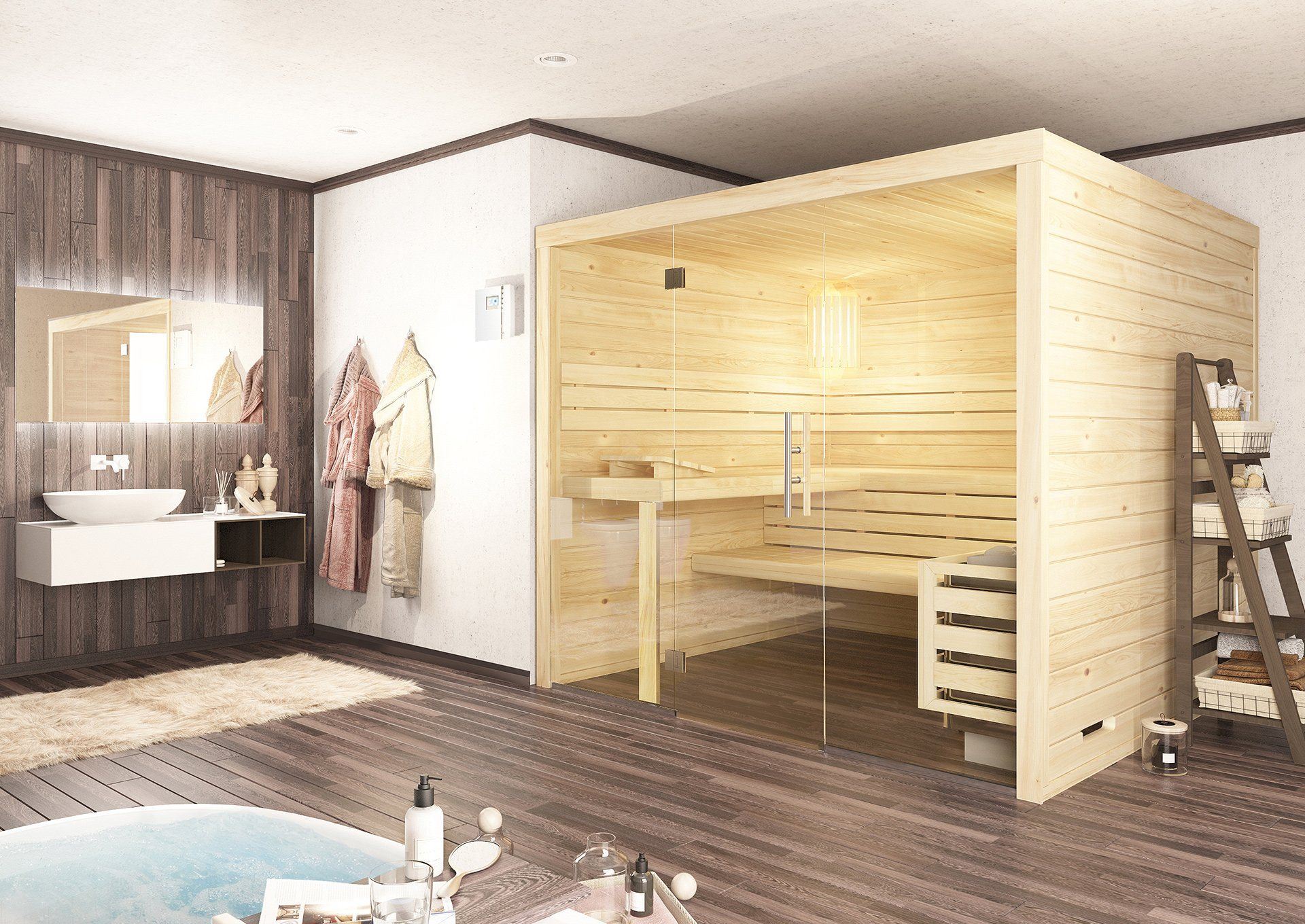 45mm Massivholz Sauna mit Glasfront Design MenoTop Angebot