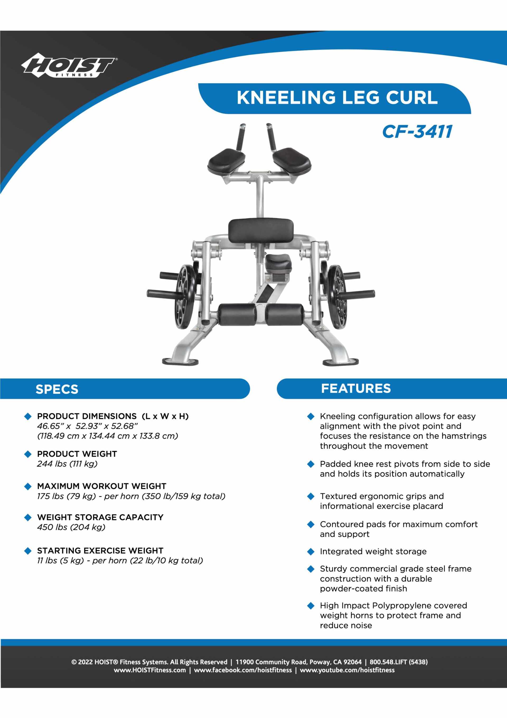 HOIST CF-3411 KNEELING LEG CURL SPECIFICATION SHEET HOIST CF-3411 KNEELING LEG CURL SPECIFICATION SHEET
