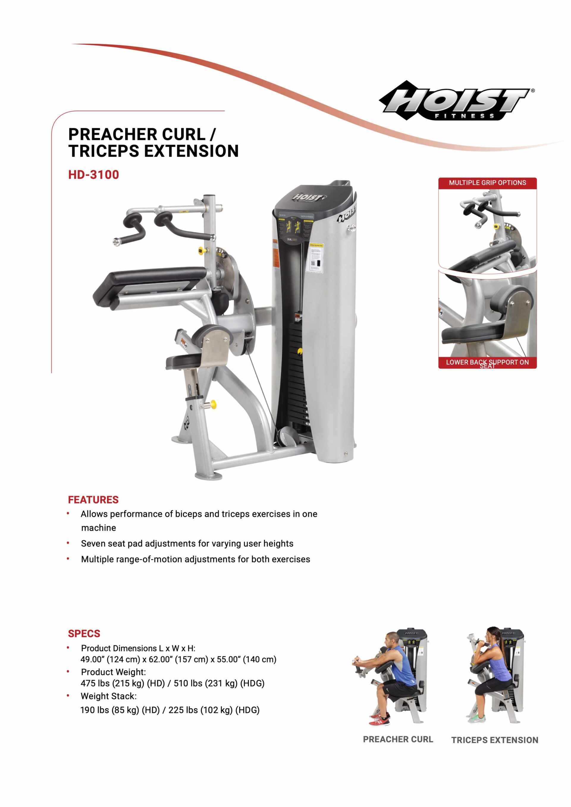 Hoist HD-3100 Duals Preacher Curl/Tricep Extension Spec Sheet Hoist HD-3100 Duals Preacher Curl/Tricep Extension Spec Sheet