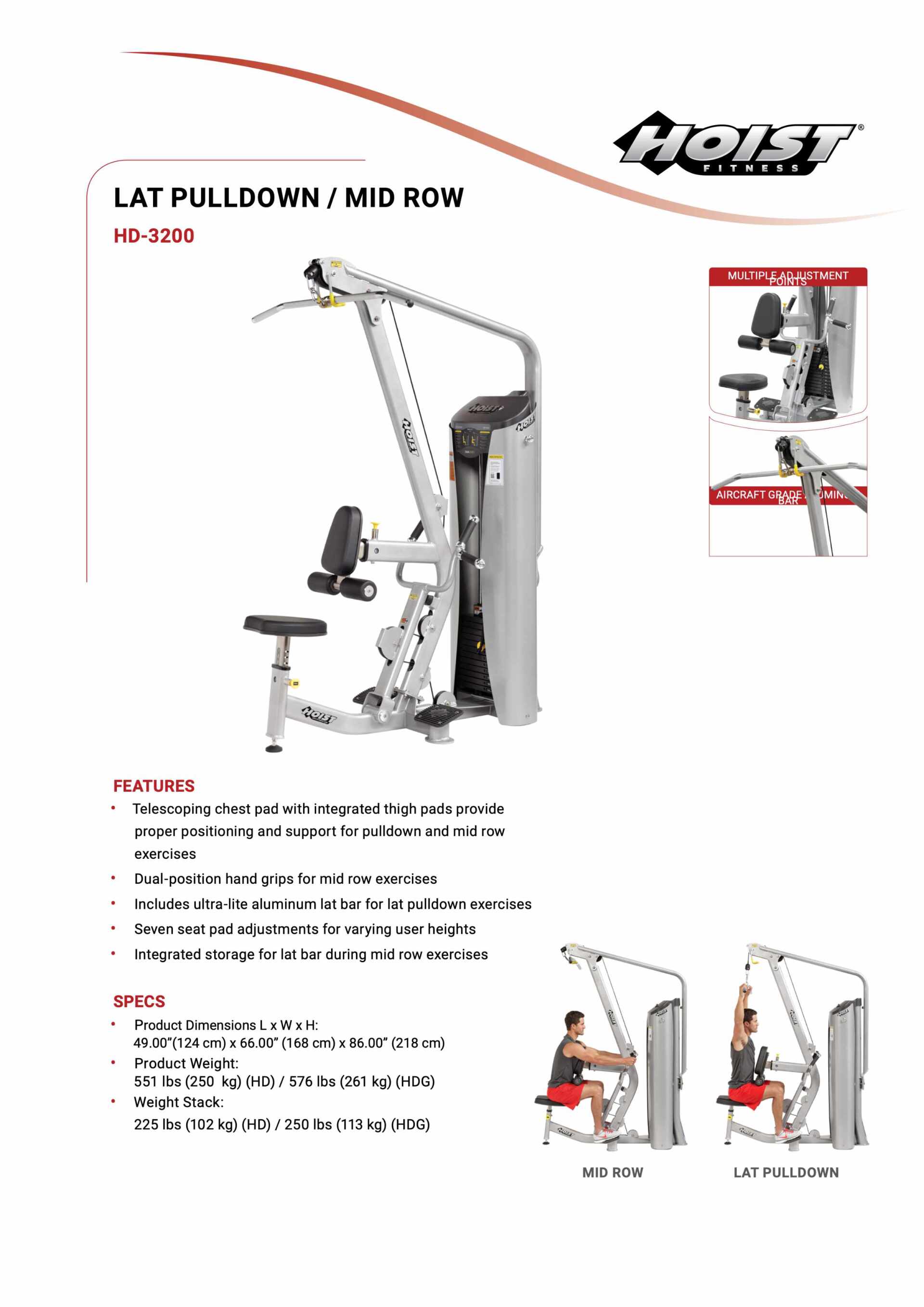 HOIST HD-3200 DUALS LAT PULLDOWN/MID ROW SPECIFICATION SHEET HOIST HD-3200 DUALS LAT PULLDOWN/MID ROW SPECIFICATION SHEET