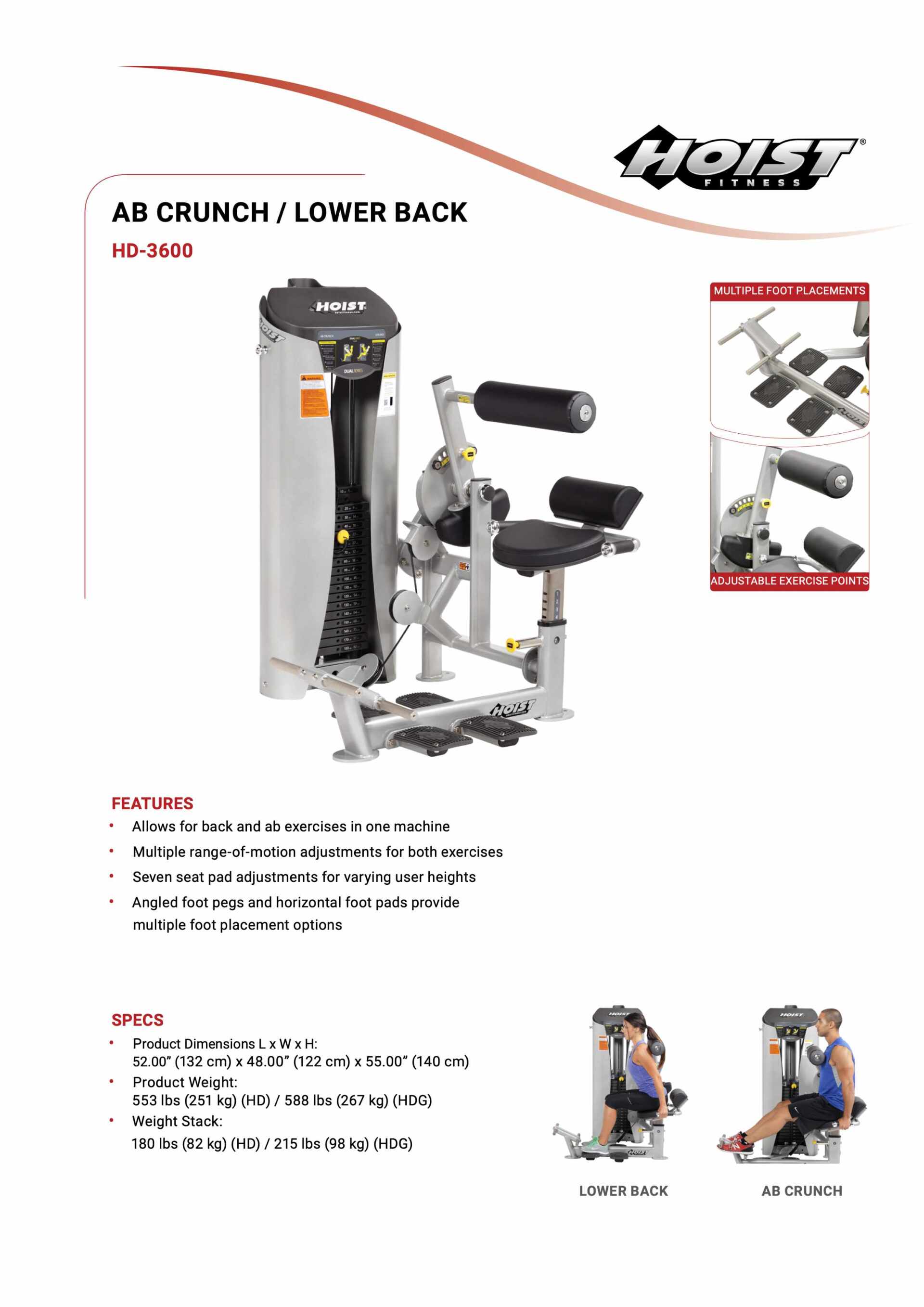 HOIST HD-3600 DUALS AB CRUNCH/LOW BACK SPECIFICATION SHEET HOIST HD-3600 DUALS AB CRUNCH/LOW BACK SPECIFICATION SHEET