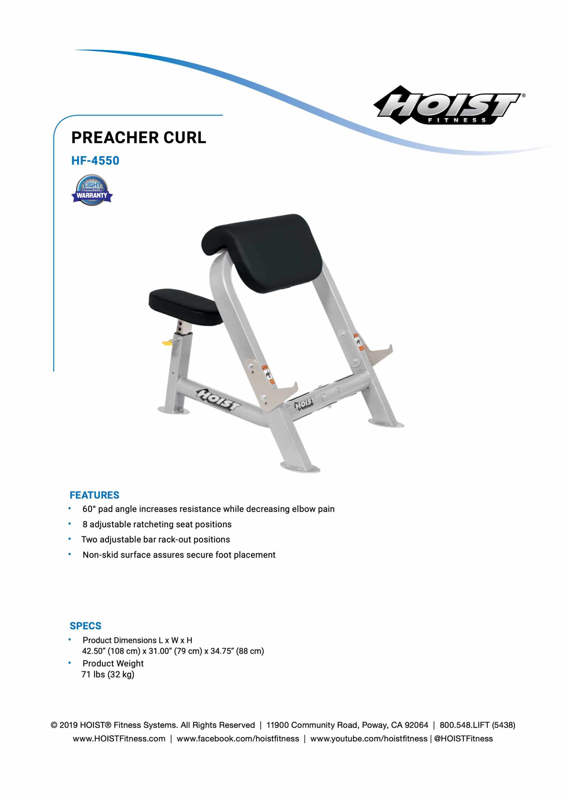 HOIST HF-4550 PREACHER CURL SPECIFICATION SHEET HOIST HF-4550 PREACHER CURL SPECIFICATION SHEET