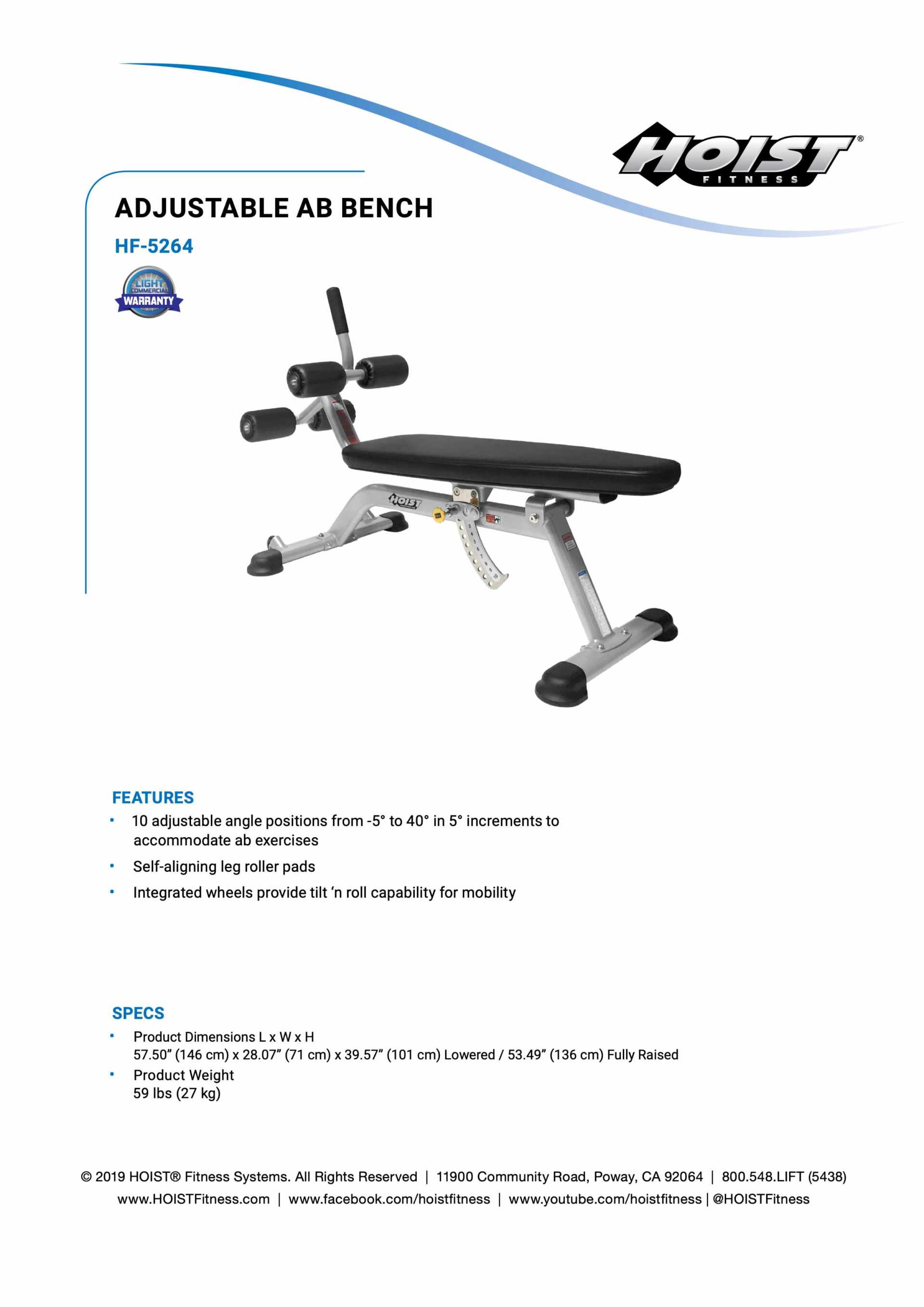 HOIST HF-5264 ADJUSTABLE AB BENCH SPECIFICATION SHEET HOIST HF-5264 ADJUSTABLE AB BENCH SPECIFICATION SHEET