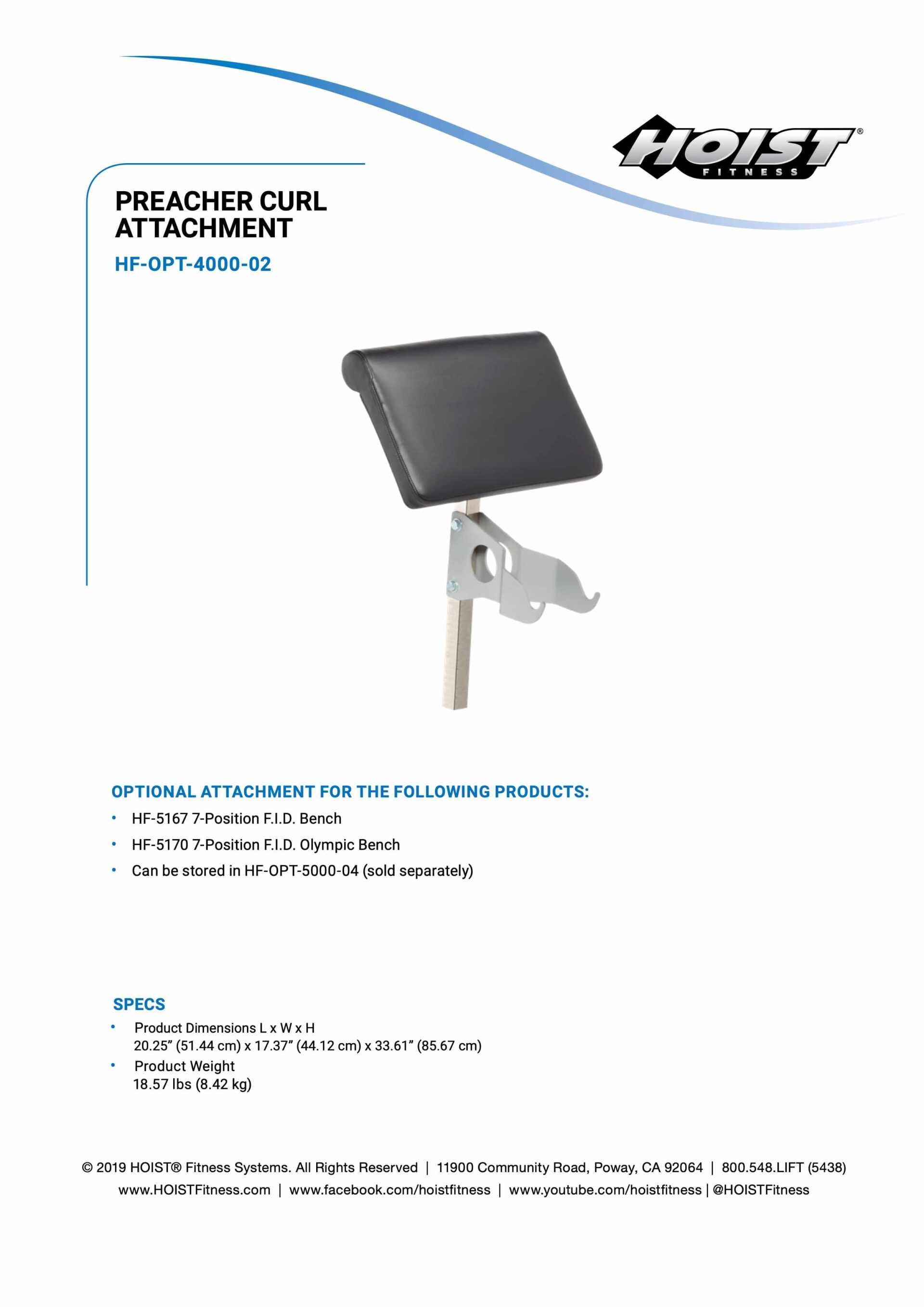 HOIST HF-OPT-4000-02 PREACHER CURL ATTACHMENT SPECIFICATION SHEET HOIST HF-OPT-4000-02 PREACHER CURL ATTACHMENT SPECIFICATION SHEET