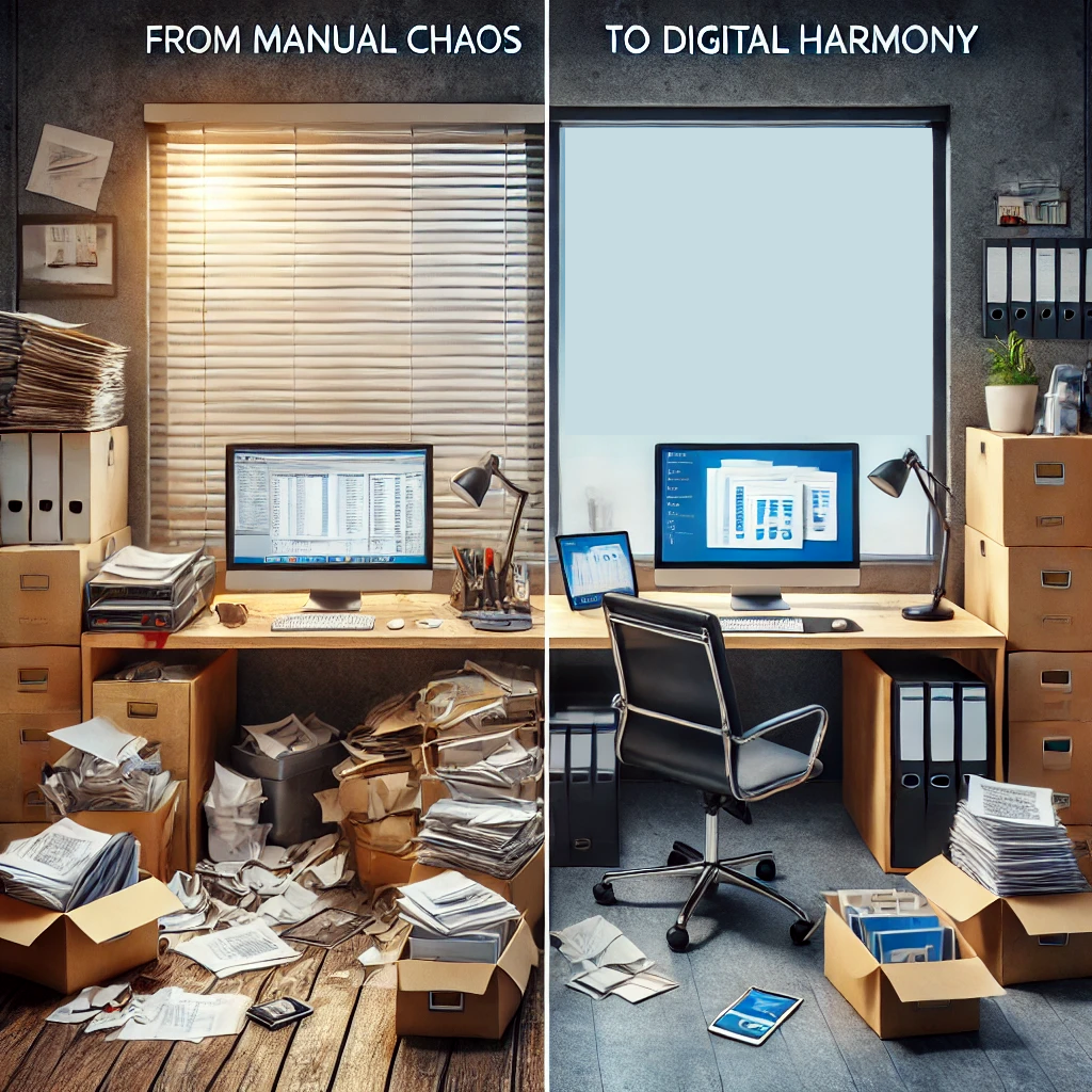 Transition from a cluttered, chaotic workspace to a clean, modern, organized digital space