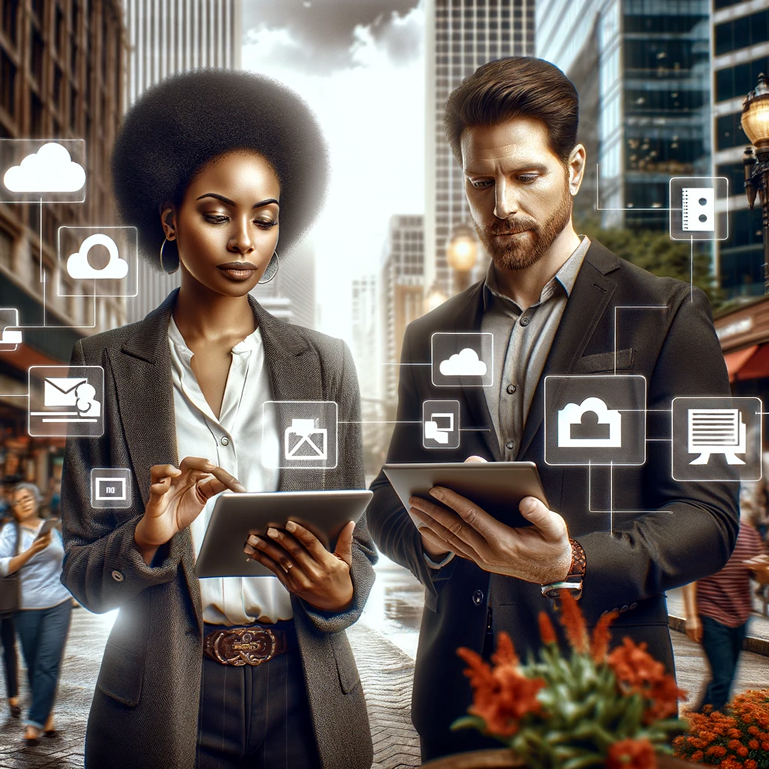 Image featuring an African American woman and a man working on tablets in a modern, dynamic office.
