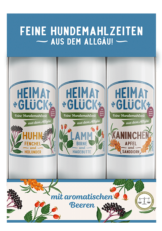 Kaninchenfleisch 30 %, Hähnchenfleisch 16 %, Kaninchenkarkasse 5 %, Hähnchenhaut 5 %, Hähnchenleber 3 %, Geflügelfleischbrühe 20 %, Kartoffeln 7 %, Apfel 4 %, Sanddornbeeren 0,3 %, Weißdornbeeren, Brennnesselkraut, Basilikum, Flohsamenschalen, Rapsöl, Weizenkeimöl 1 %, Mineralien, Kürbiskernmehl 1 %, Eierschalen, Kristallsalz, Algen Analytische Bestandteile: Rohprotein 9,7 % Rohfett 5,4 % Rohfaser 1,4 % Rohasche 1,3 % Feuchtigkeit 76,7 % Calcium 0,4 % Phosphor 0,2 % Hähnchenherzen 16 %, Hähnchenmagen 16 %, Hähnchenfleisch 16 %, Hähnchenleber 9 %, Hähnchenhaut 3 %, Geflügelfleischbrühe 20 %, Karotten 10 %, Apfel, Fenchel 4 %, Holunder 0,4 %, Schnittlauch, Flohsamenschalen, Rapsöl 1 %, Mineralien, Kürbiskernmehl, Eierschalen, Kristallsalz, Algen Analytische Bestandteile: Rohprotein 8,7 % Rohfett 6,4 % Rohfaser 1,1 % Rohasche 1,3 % Feuchtigkeit 81,2 % Calcium 0,4 % Phosphor 0,2 % Lammherzen 30 %, Lammfleisch 25 %, Lammlunge 10 %, Pastinaken 7 %, Kartoffeln 6 %, Karotten 4 %, Birne 4 %, Hagebutte 0,4 %, Schnittlauch, Flohsamenschalen, Rapsöl, Weizenkeimöl, Mineralien, Kürbiskernmehl, Eierschalen, Kristallsalz, Algen Analytische Bestandteile: Rohprotein 8,4 % Rohfett 6,2 % Rohfaser 1,3 % Rohasche 1,3 % Feuchtigkeit 79,9 % Calcium 0,2 % Phosphor 0,1 %