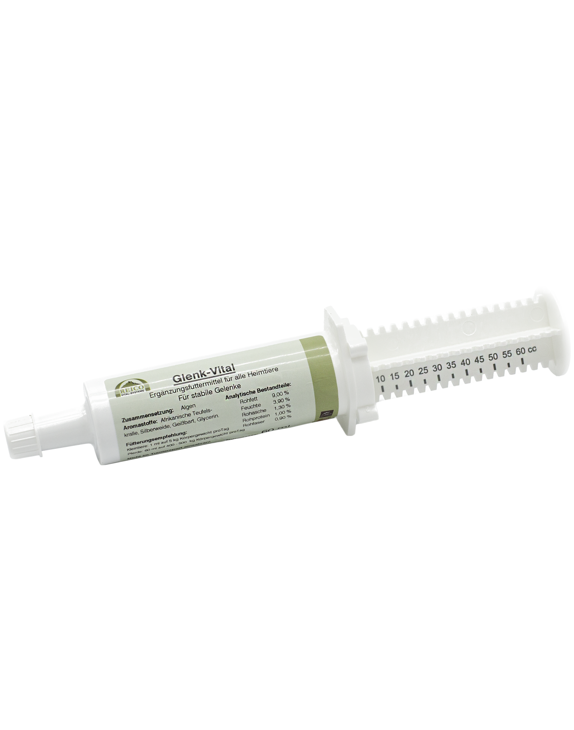 Inhaltsstoffe: Algen. Aromastoffe: Afrikanische Teufelskralle, Silberweide, Geißbart, Glycerin. Analytische Bestandteile: Rohprotein 1,00 % Rohfett 9,00 % Rohfaser 0,90 % Rohasche 1,30 % Feuchte 3,90 %