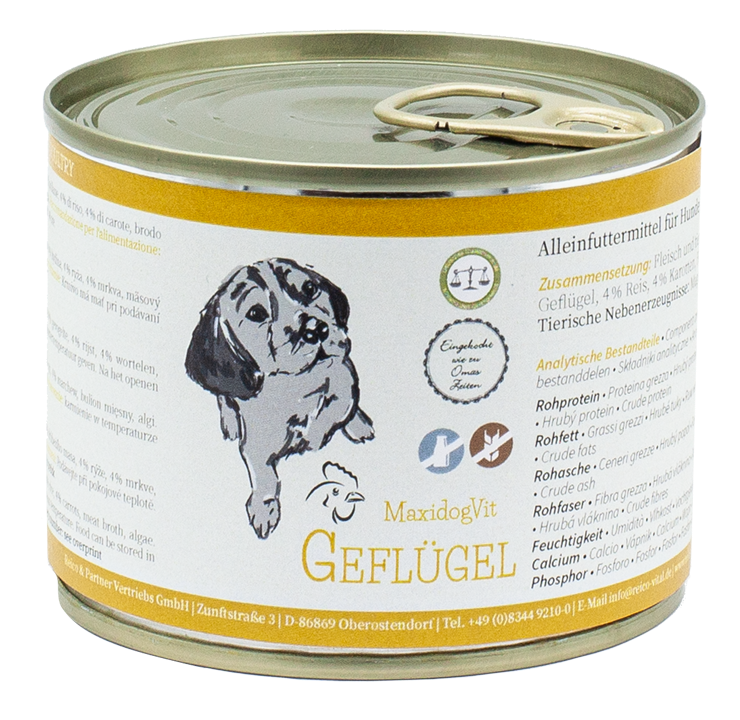 Fleisch und tierische Nebenerzeugnisse: 69 % Geflügel, 4 % Reis, 4 % Karotten, Fleischbrühe, Algen Analytische Bestandteile: Rohprotein 10,80 % Rohfett 6,00 % Rohfaser 0,60 % Rohasche 2,30 % Feuchtigkeit 78,00 % Calcium 0,31 % Phosphor 0,20 % Unsere tierischen Nebenerzeugnisse sind hochwertig und bestehen bei dieser Sorte aus: Magen, Leber, Herz und Hals.