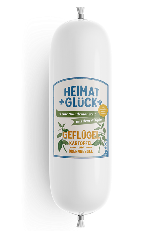 Geflügel 60 % (Putenfleisch, Putenleber, Hühnerherz, Hühnermagen), Geflügelfleischbrühe 23 %, Kartoffeln 5 %, Haferflocken 3,9 %, Amaranthmehl, Leinsamenmehl, Bierhefe, Mineralstoffe, Eierschalenpulver, Weizenkeimöl, Brennnessel 0,6 %, Lachsöl, Wiesenkräuter, Algen Analytische Bestandteile: Rohprotein 11,1 % Rohfett 5,8 % Rohfaser 0,6 % Rohasche 3,9 % Feuchtigkeit 73,5 % Calcium 1,0 % Phosphor 0,4 %