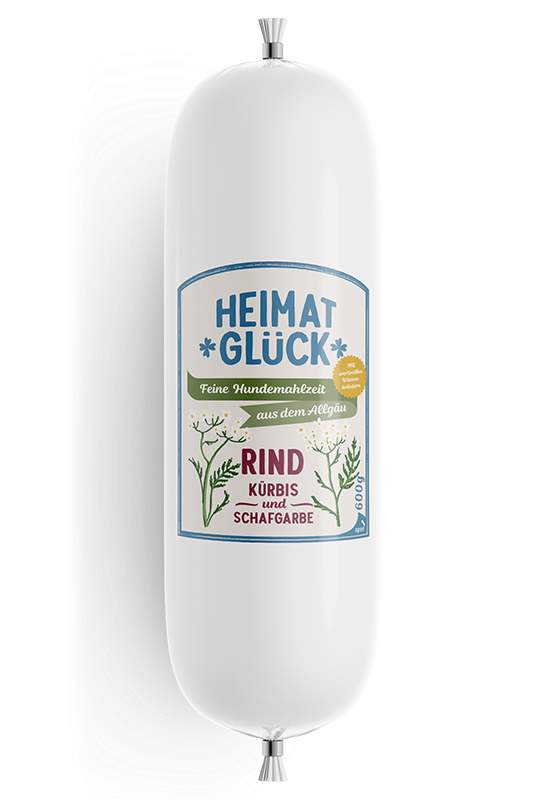 Rind 60,5 % (Rindfleisch, Rinderleber, Rinderlunge, Rinderherz, Euter), Rinderfleischbrühe 20 %, Kürbis 6,8 %, Karotten 5 %, Amaranthmehl, Leinsamenmehl, Bierhefe, Mineralstoffe, Eierschalenpulver, Weizenkeimöl, Schafgarbe 0,4 %, Lachsöl, Wiesenkräuter, Algen Analytische Bestandteile: Rohprotein 11,2 % Rohfett 9,8 % Rohfaser 1,0 % Rohasche 1,7 % Feuchtigkeit 71,8 % Calcium 0,3 % Phosphor 0,2 %