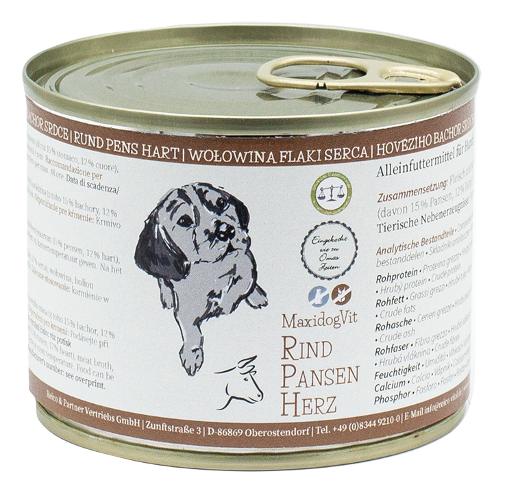 Fleisch und tierische Nebenerzeugnisse: 74 % Rind (davon 15% Pansen, 12 % Herz), Fleischbrühe, Algen. Analytische Bestandteile: Rohprotein 12,80 % Rohfett 6,60 % Rohfaser 0,40 % Rohasche 1,40 % Feuchtigkeit 78,00 % Calcium 0,28 % Phosphor 0,16 % Unsere tierischen Nebenerzeugnisse sind hochwertig und bestehen bei dieser Sorte aus: Pansen, Herz, Leber, Lunge und Niere.