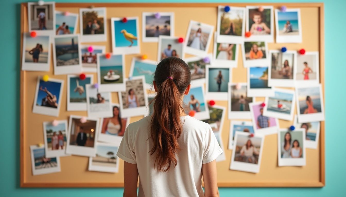 Eine junge Frau, die vor einer Pinnwand steht, auf der viele Bilder angepinnt sind.