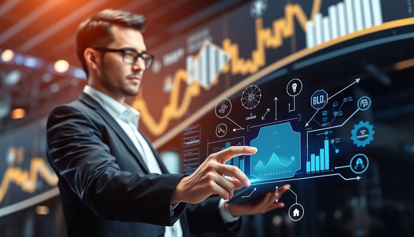 Ein Mann in Anzug und Brille steht vor einem großen Bildschirm mit vielen bunten Grafiken und Symbolen. Er berührt den Bildschirm mit der Hand und schaut konzentriert. Im Hintergrund sind weitere Diagramme mit Linien und Balken zu sehen.