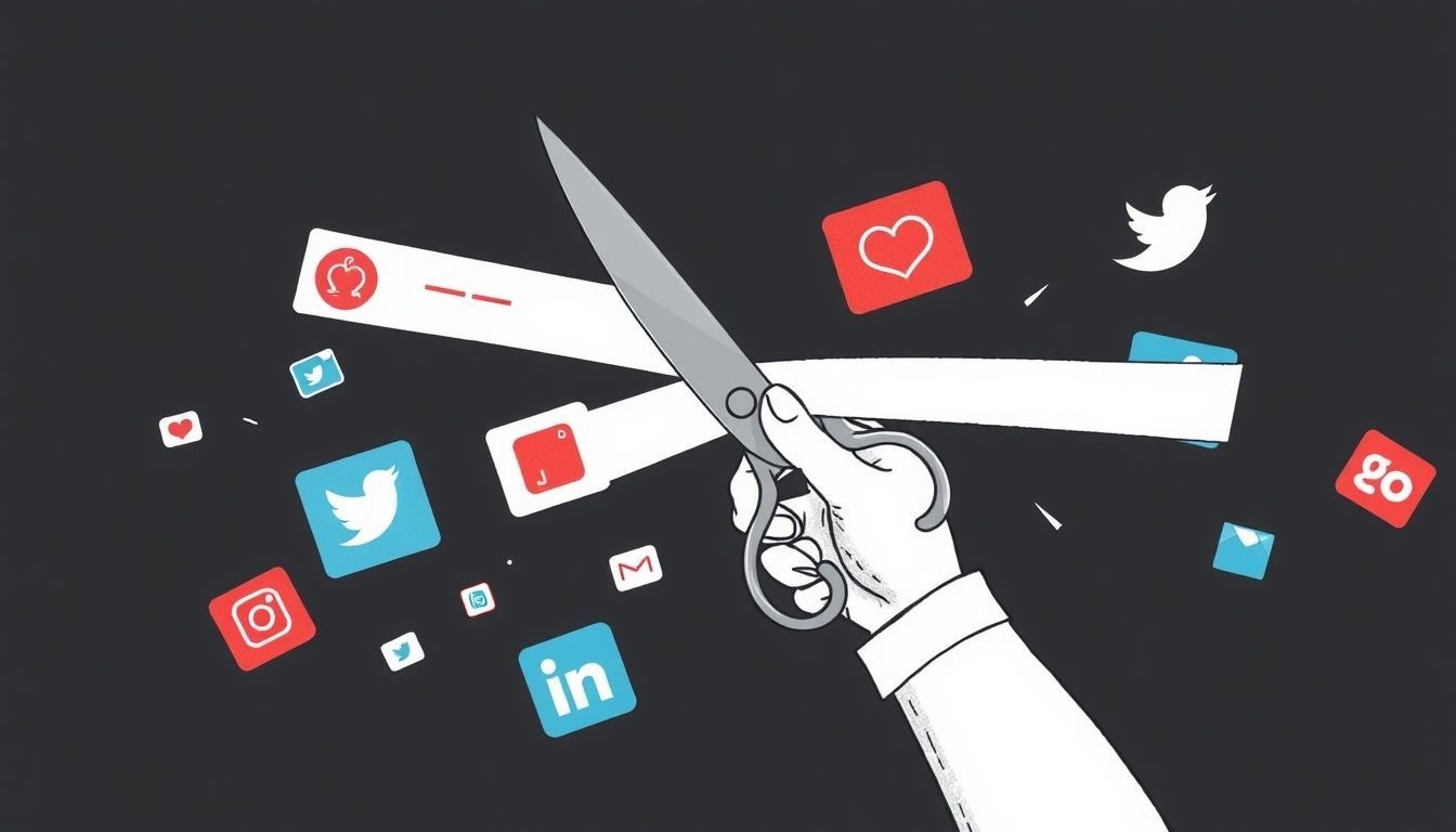 Eine Schere, die Social-Media-Kanäle abschneidet.