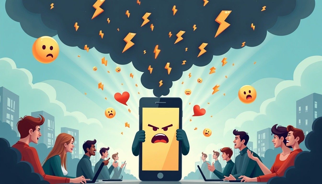 Ein Handy, das sehr sauer ist und dunkle Wolken und Blitze nach oben feuert. Die Menschen links und rechts sind erstaunt über diesen Shitstorm.