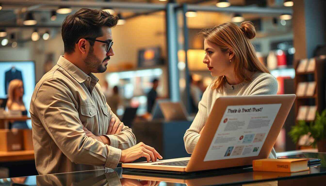 Zwei junge Erwachsene, ein Mann und eine Frau, stehen sich in einem modernen Elektronikgeschäft gegenüber. Beide schauen sich ernst an und diskutieren offenbar über etwas auf dem geöffneten Laptop vor ihnen. Der Bildschirm zeigt eine Webseite mit dem Titel „There is Trust! Trust!“. Im Hintergrund sind Regale mit Technikprodukten und weitere Kunden zu sehen.