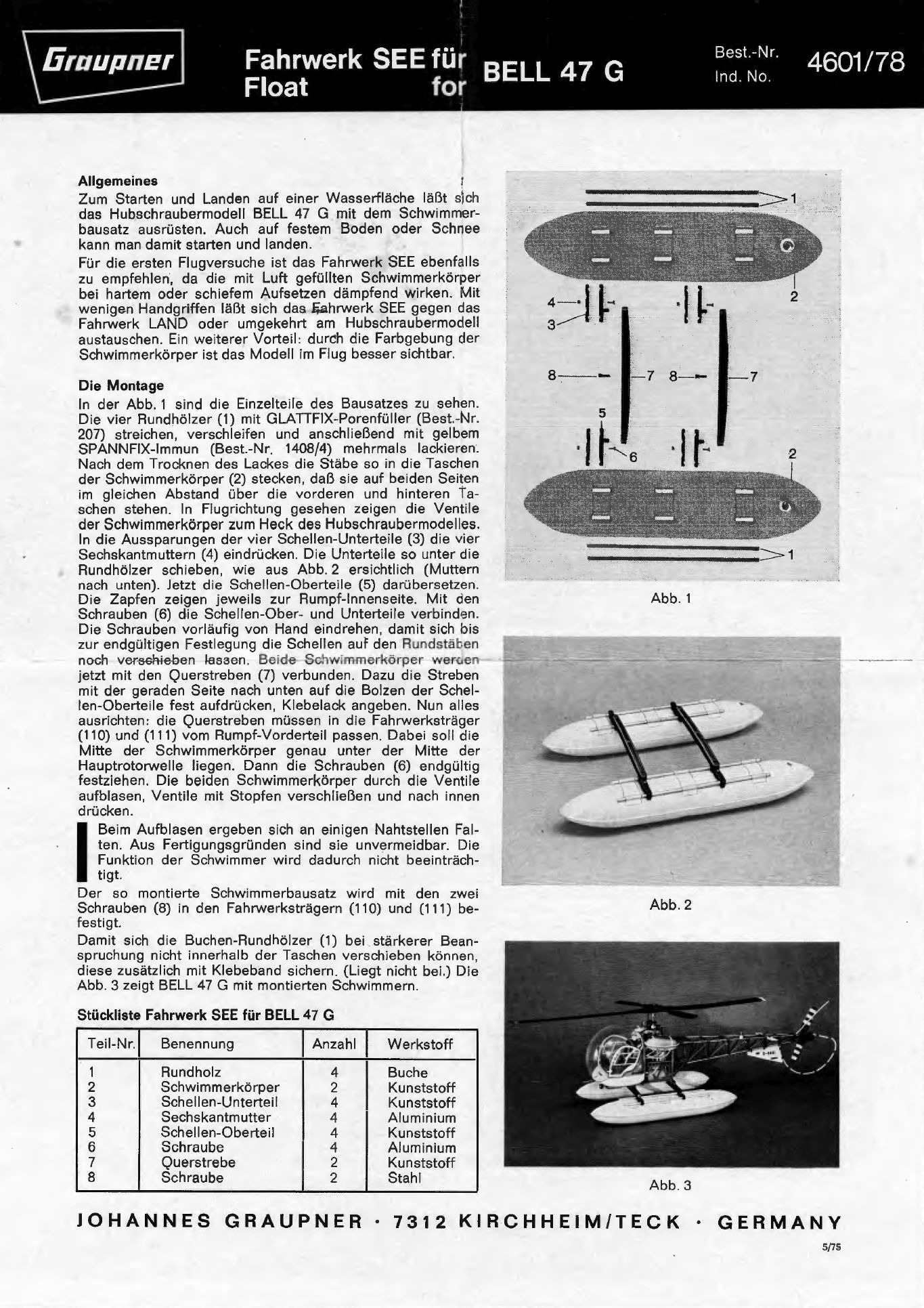 PDF-Dokument Graupner BELL-47G Land mit Motor HB-25H, Bausatz Fahrwerk SEE PDF-Dokument Graupner BELL-47G Land mit Motor HB-25H, Bausatz Fahrwerk SEE, Artikel-Nr.: 4601.78, Deutsch-Englisch, 2 Seiten