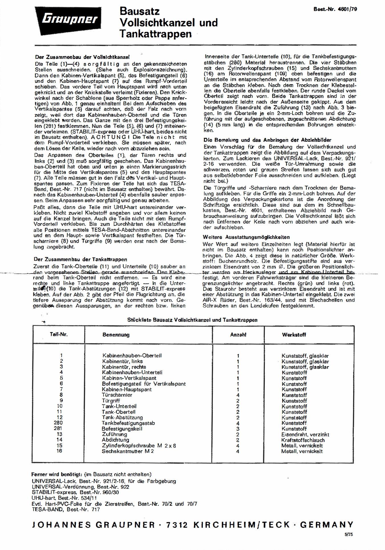 PDF document Graupner BELL-47G Land with HB-25H engine, kit full-view canopy and tank dummies PDF document Graupner BELL-47G Land with HB-25H engine, kit full-view canopy and tank dummies, article no.: 4601.79, German, 2 pages