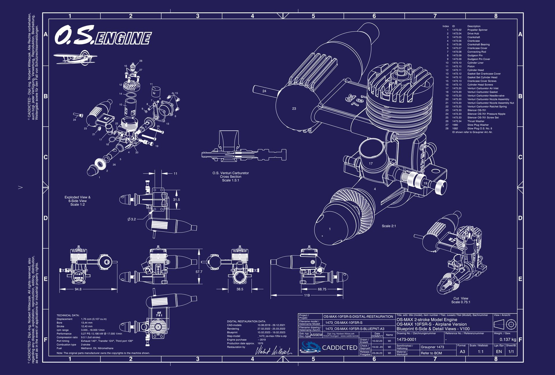 Blueprint O.S. ENGINES OS-MAX-10FSR-S, 6-Seiten Ansicht, Explosionsansicht, Schnittansicht, Format A3-Quer