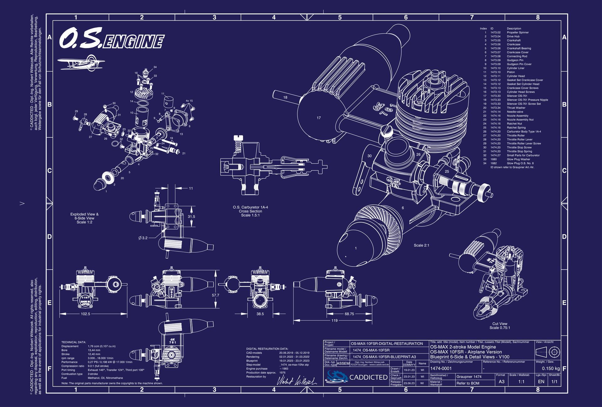 Blueprint O.S. ENGINES OS-MAX-10FSR, 6-Seiten Ansicht, Explosionsansicht, Schnittansicht, Format A3-Quer