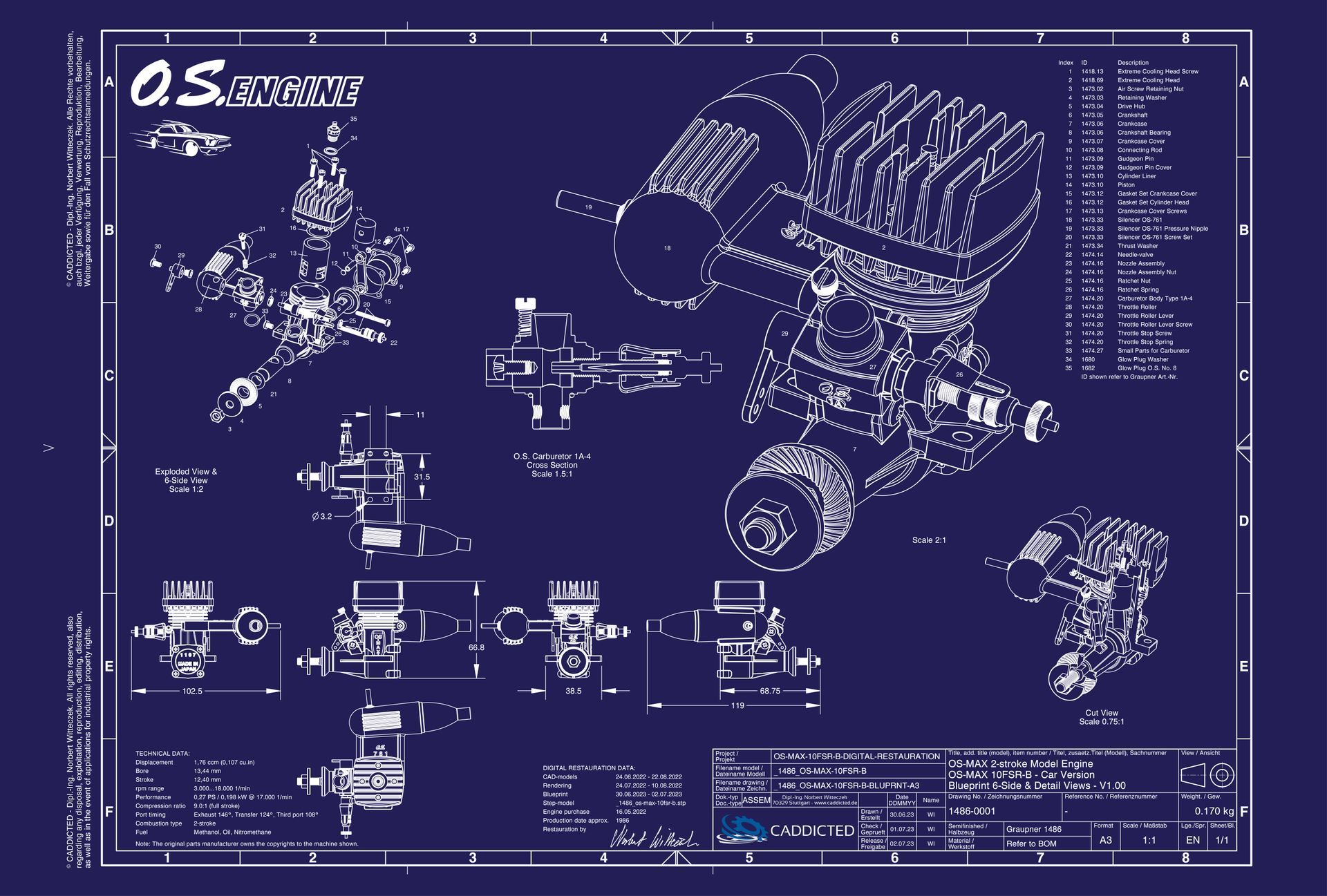 Blueprint O.S. ENGINES OS-MAX-10FSR-B, 6-page view, exploded view, sectional view, format A3 landscape