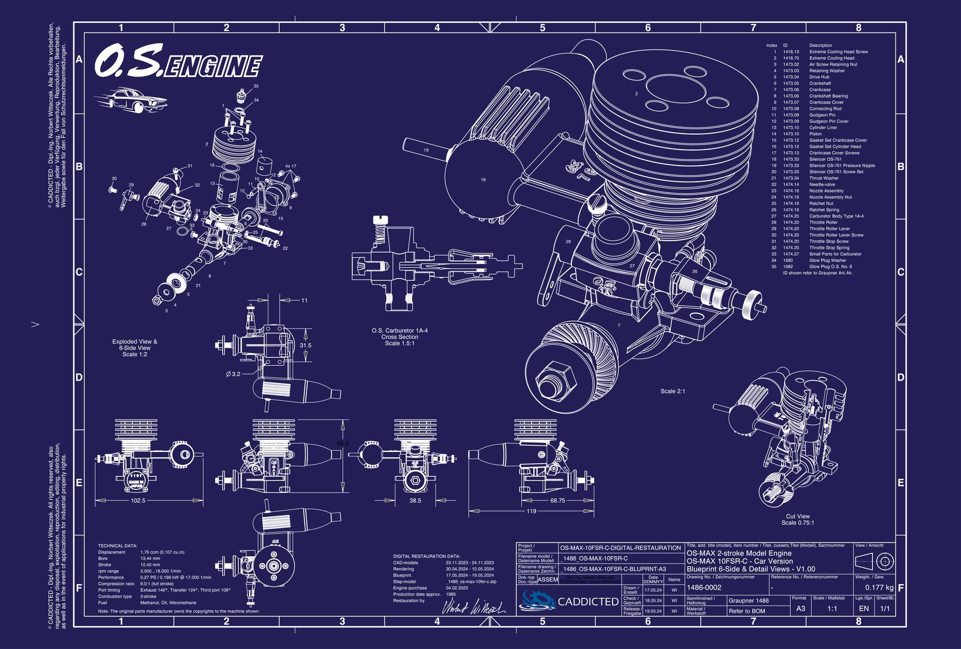 Blueprint O.S. ENGINES OS-MAX-10FSR-C, 6-Seiten Ansicht, Explosionsansicht, Schnittansicht, Format A3-Quer