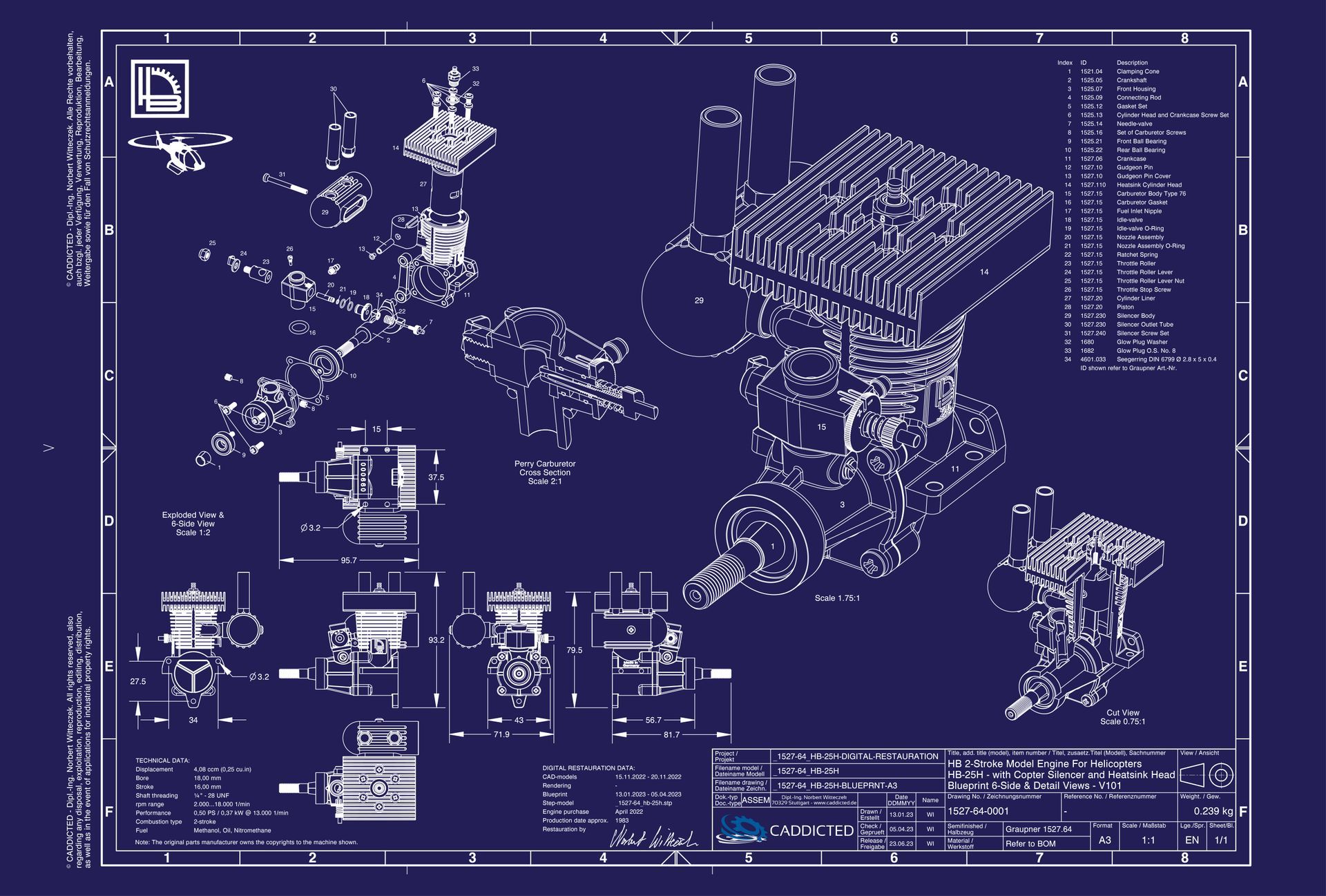 Blueprint H. Bernhardt HB-25H, 6-page view, exploded view, sectional view, format A3 landscape