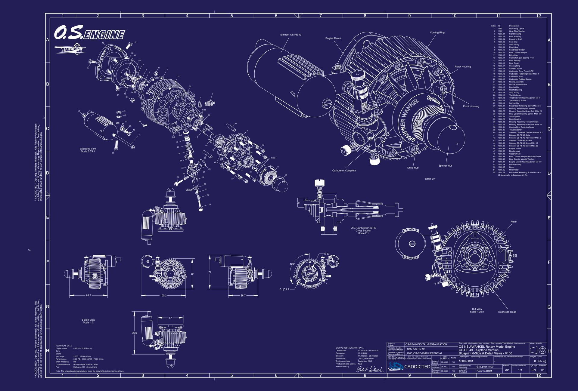 Blueprint O.S. ENGINES ROTARY NSU Wankel OS-RE-49, 6-page view, exploded view, sectional view, format A2 landscape