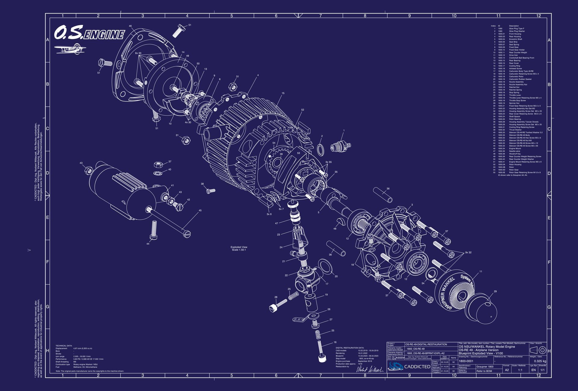 Blueprint O.S. ENGINES ROTARY NSU Wankel OS-RE-49, exploded view, format A2 landscape