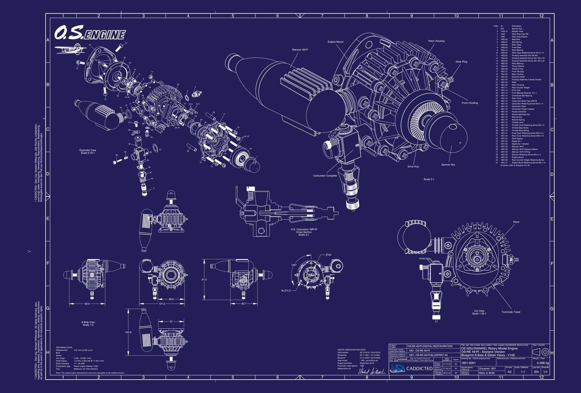Blueprint O.S. ENGINES ROTARY NSU Wankel OS-RE-49-PI, 6-Seiten Ansicht, Explosionsansicht, Schnittansicht, Format A2-Quer