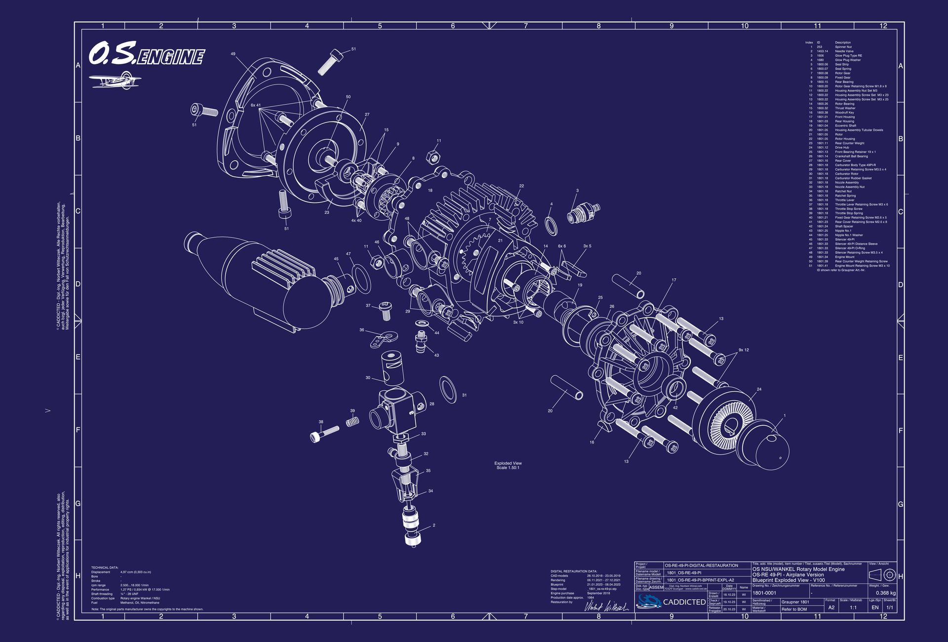 Blueprint O.S. ENGINES ROTARY NSU Wankel OS-RE-49-PI, exploded view, format A2 landscape