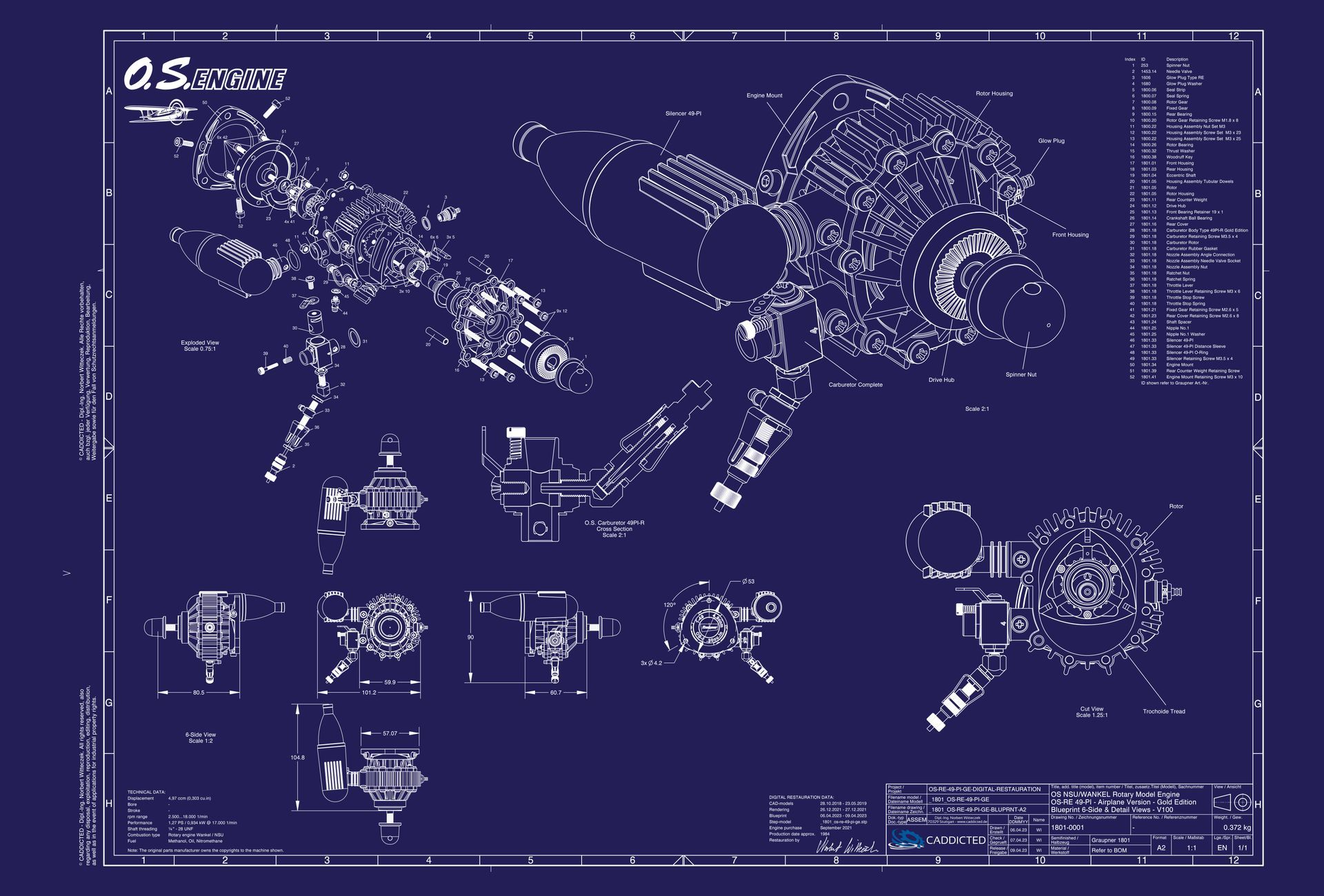 Blueprint O.S. ENGINES ROTARY NSU Wankel OS-RE-49-PI GOLD EDITION, 6-Seiten Ansicht, Explosionsansicht, Schnittansicht, Format A2-Quer