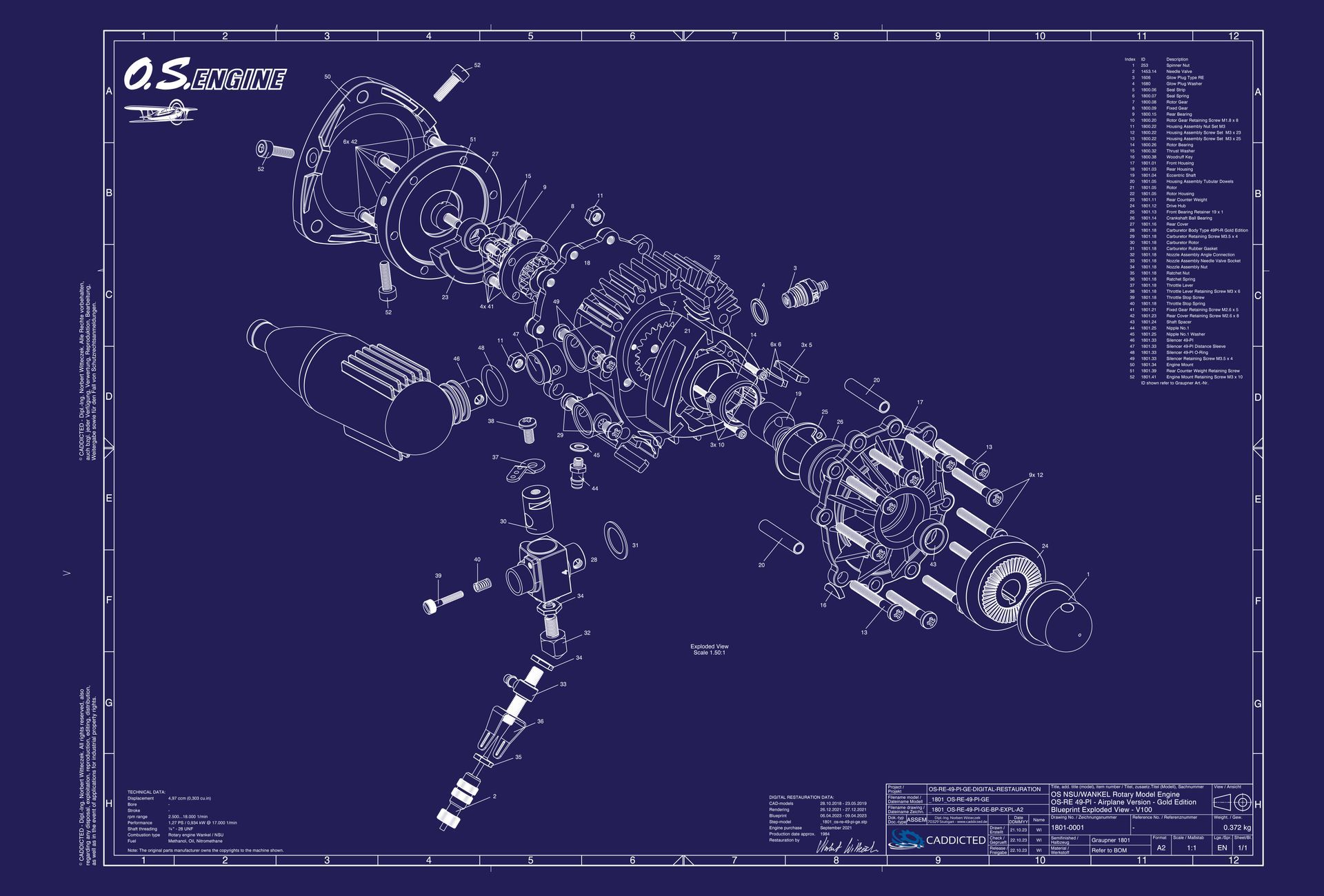 Blueprint O.S. ENGINES ROTARY NSU Wankel OS-RE-49-PI GOLD EDITION, Explosionsansicht, Format A2-Quer