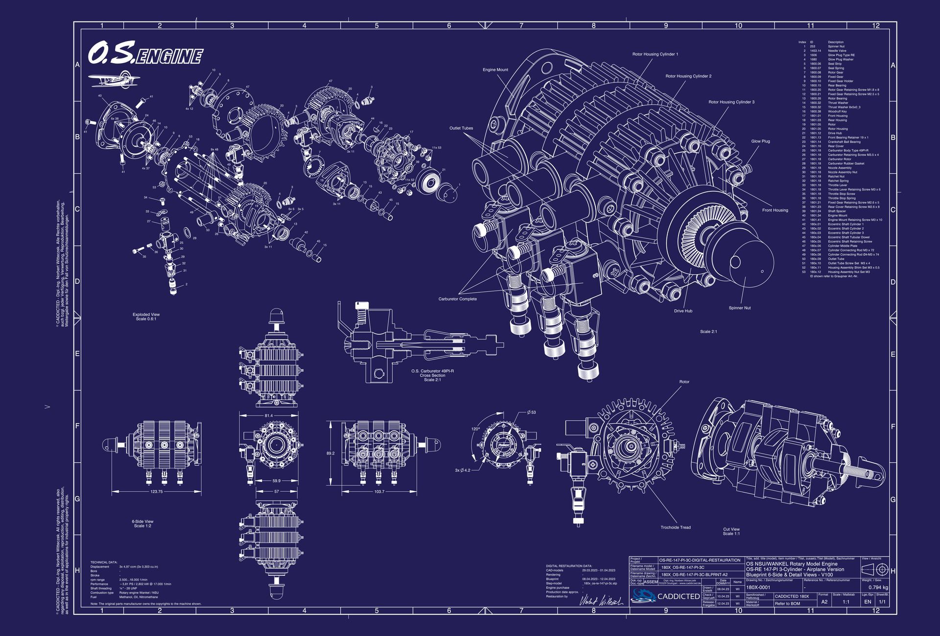 Blueprint CADDICTED ROTARY NSU Wankel OS-RE-49-PI, 6-Seiten Ansicht, Explosionsansicht, Schnittansicht, Format A2-Quer