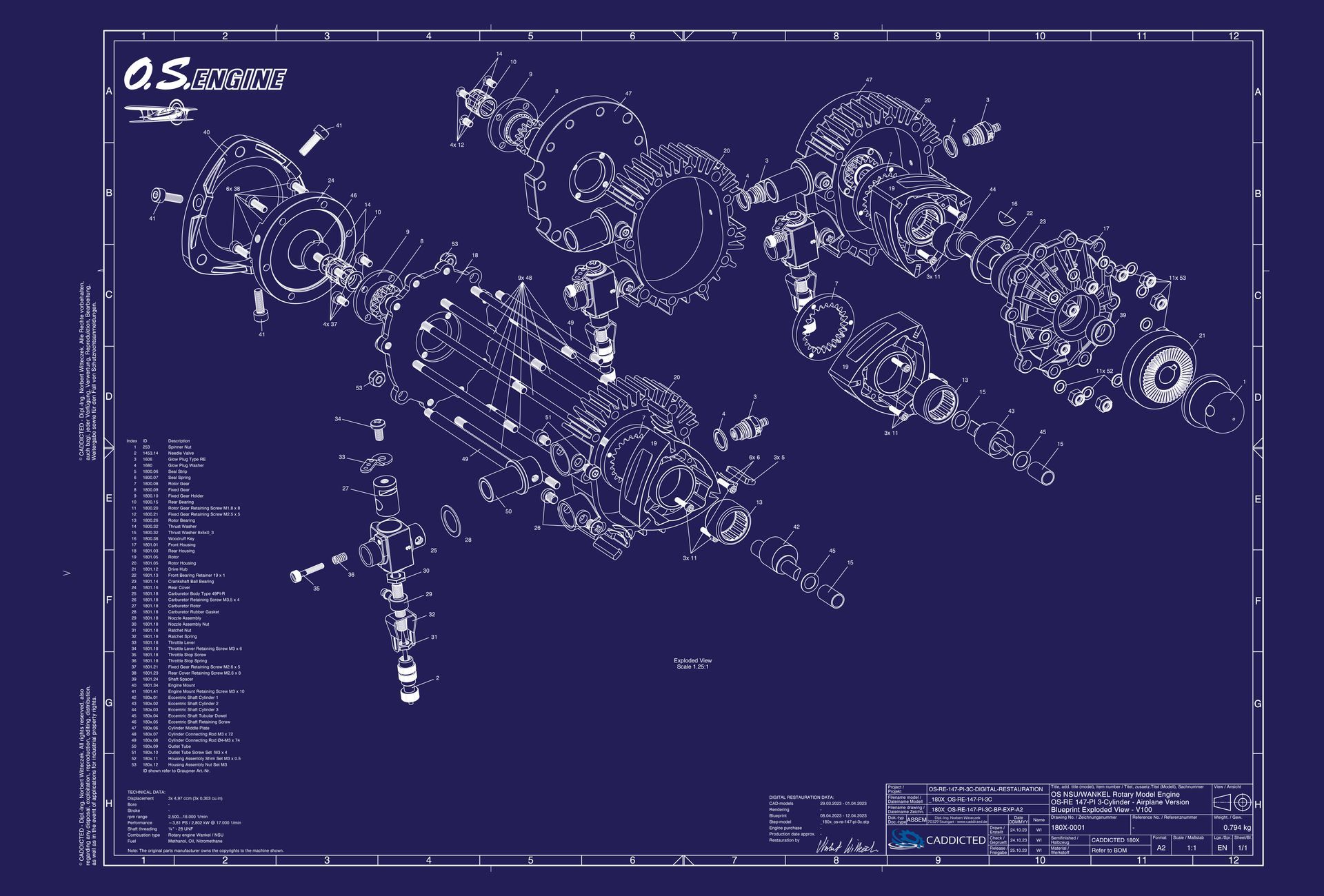 Blueprint CADDICTED ROTARY NSU Wankel OS-RE-49-PI, exploded view, format A2 landscape