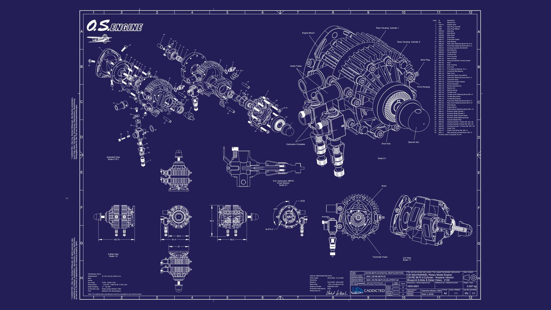 Blueprint Valentine Motors OS-RE-98-PI-2C, 6-page view, exploded view, sectional view, A2 landscape format Blueprint Valentine Motors OS-RE-98-PI-2C, 6-page view, exploded view, sectional view, A2 landscape format, HD 1920x1080 format