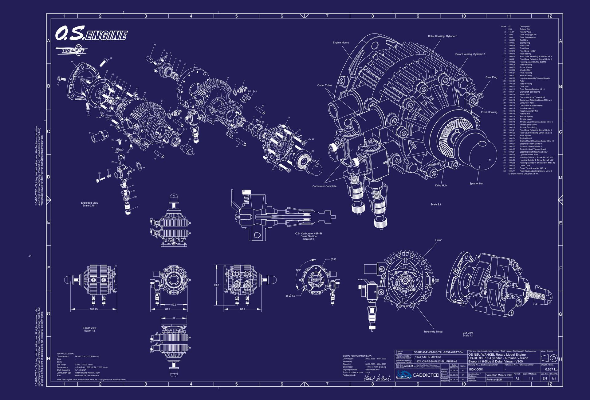 Blueprint VALENTINE ROTARY NSU Wankel OS-RE-49-PI, 6-Seiten Ansicht, Explosionsansicht, Schnittansicht, Format A2-Quer