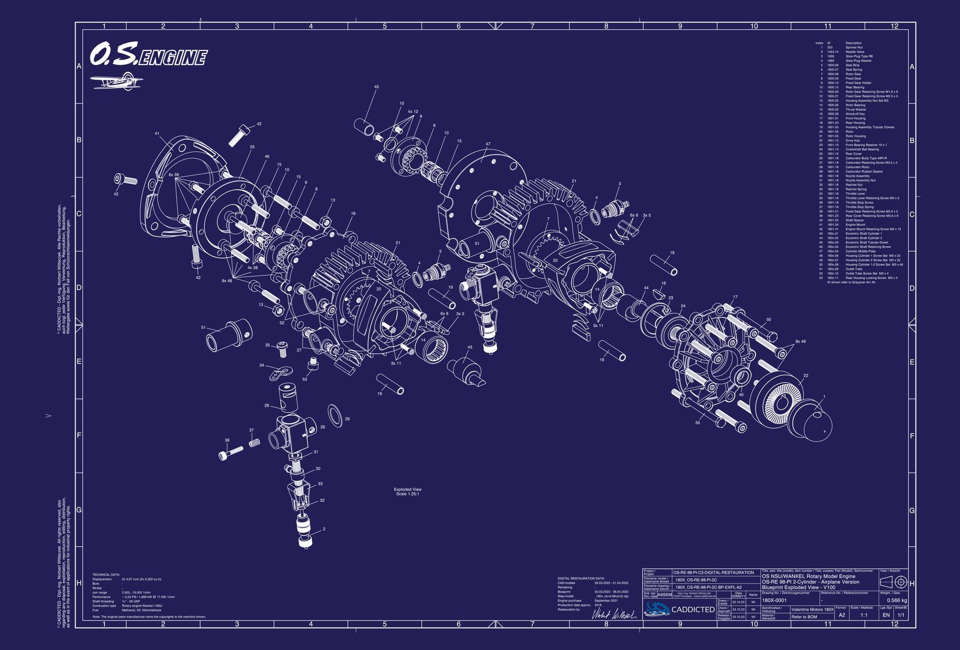 Blueprint VALENTINE ROTARY NSU Wankel OS-RE-49-PI, Explosionsansicht, Format A2-Quer