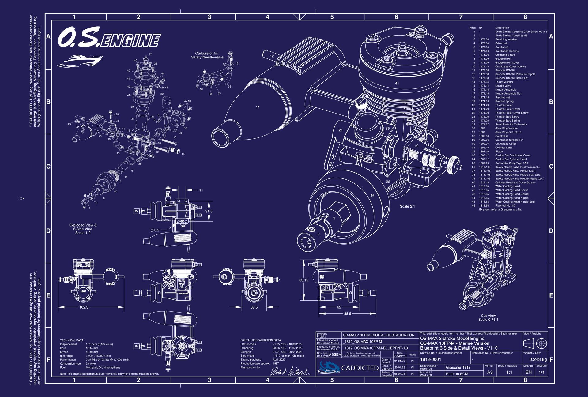 Blueprint O.S. ENGINES OS-MAX-10FP-M, 6-Seiten Ansicht, Explosionsansicht, Schnittansicht, Format A3-Quer