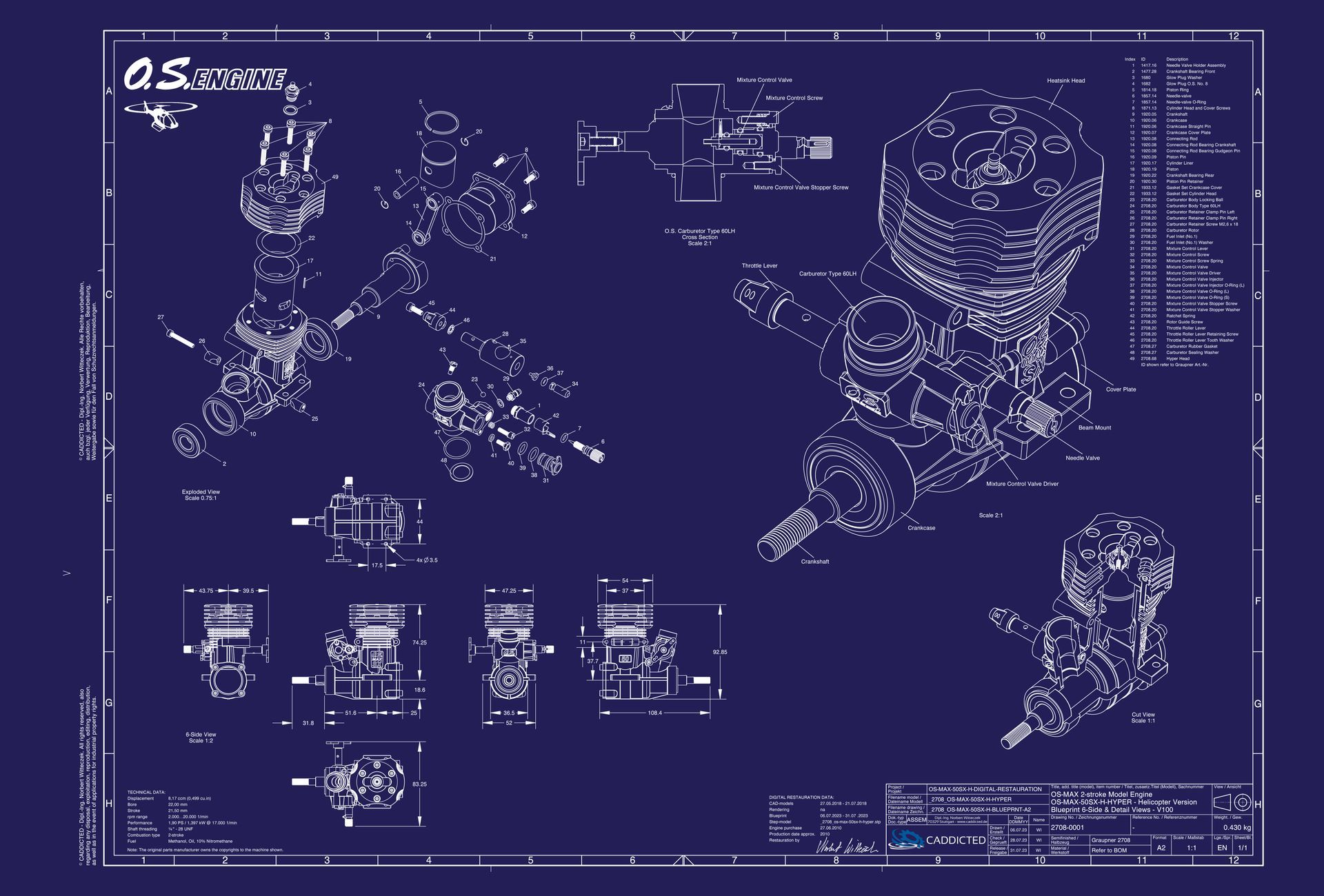 Blueprint O.S. ENGINES OS-MAX-50SX-H-HYPE Ring, 6-Seiten Ansicht, Explosionsansicht, Schnittansicht, Format A2-Quer