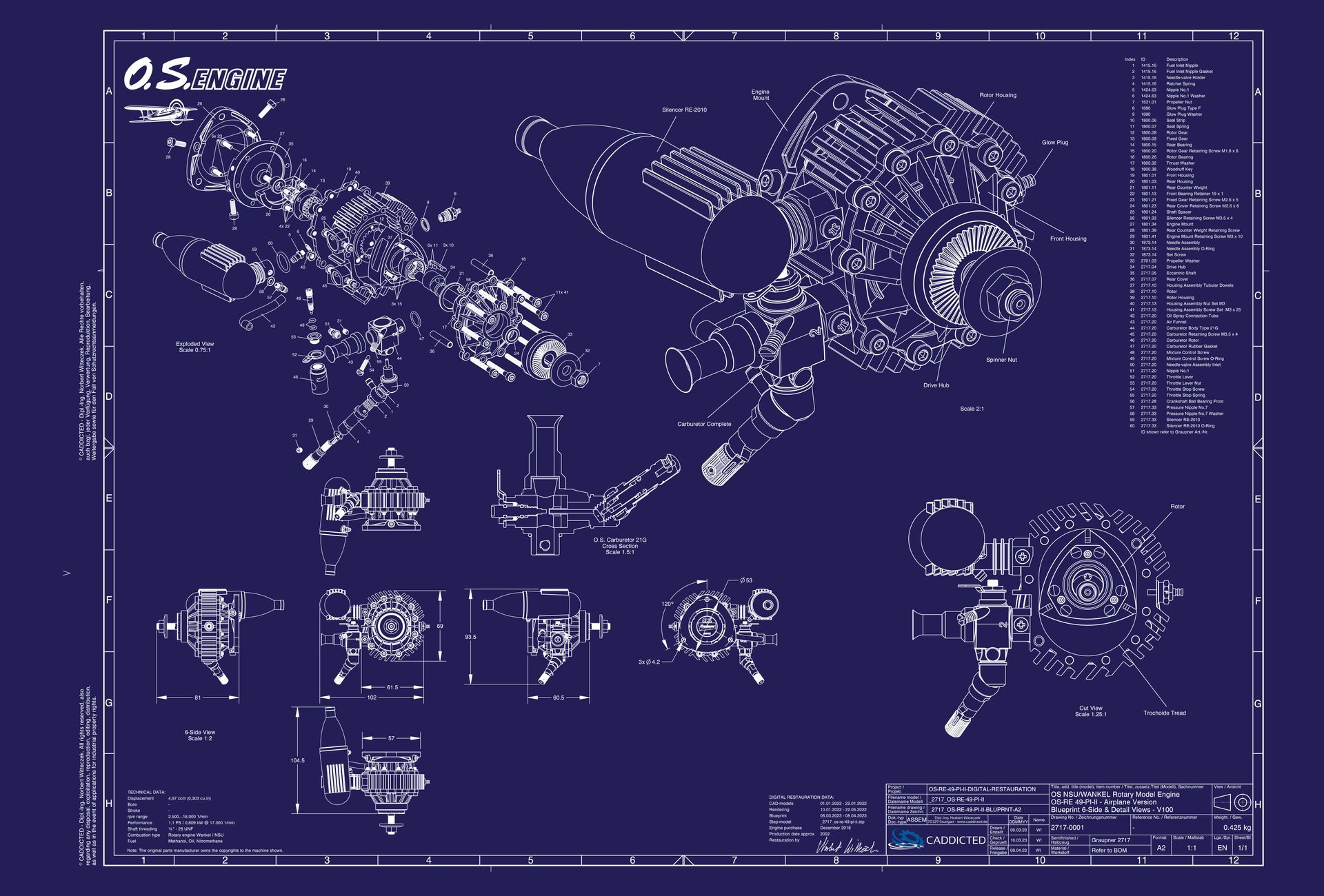Blueprint O.S. ENGINES ROTARY NSU Wankel OS-RE-49-PI-II, 6-Seiten Ansicht, Explosionsansicht, Schnittansicht, Format A2-Quer